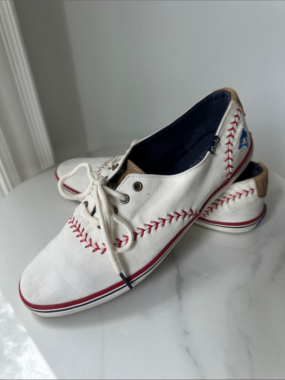 KEDS x TORONTO BLUE JAYS White Canvas Sneakers Red Baseball Stitching Size 7.5